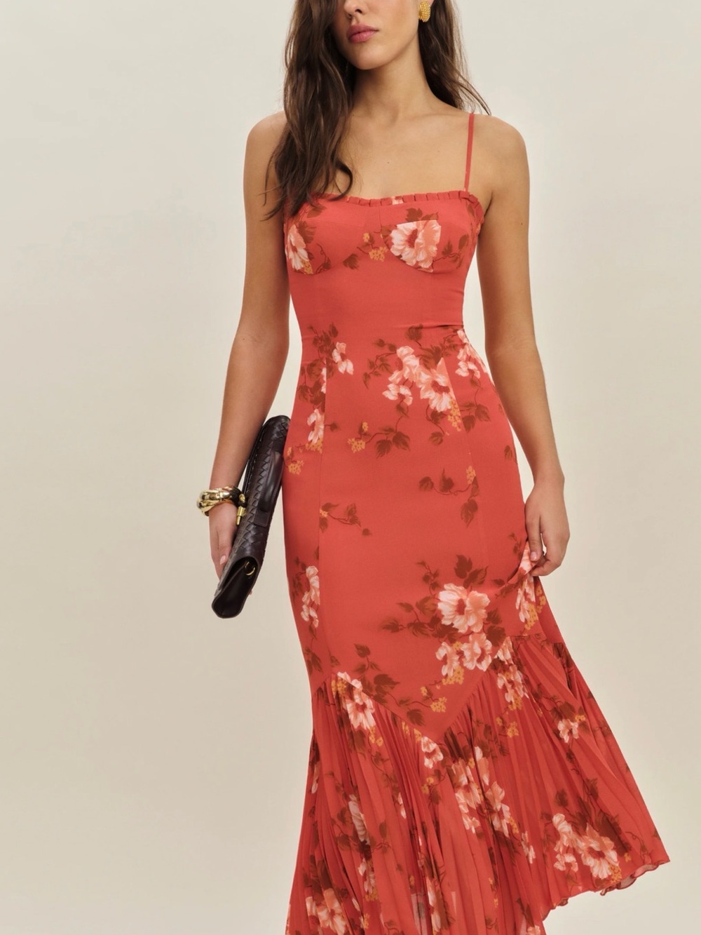 Reformation Coral Floral Spaghetti-Strap Maxi Dress